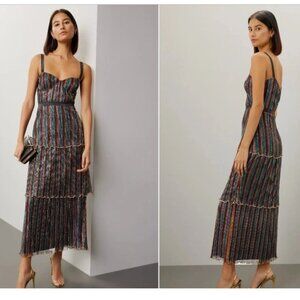 Saylor Aviva Cocktail Dress Long Tiered Metallic Rainbow Small *READ FLAW*